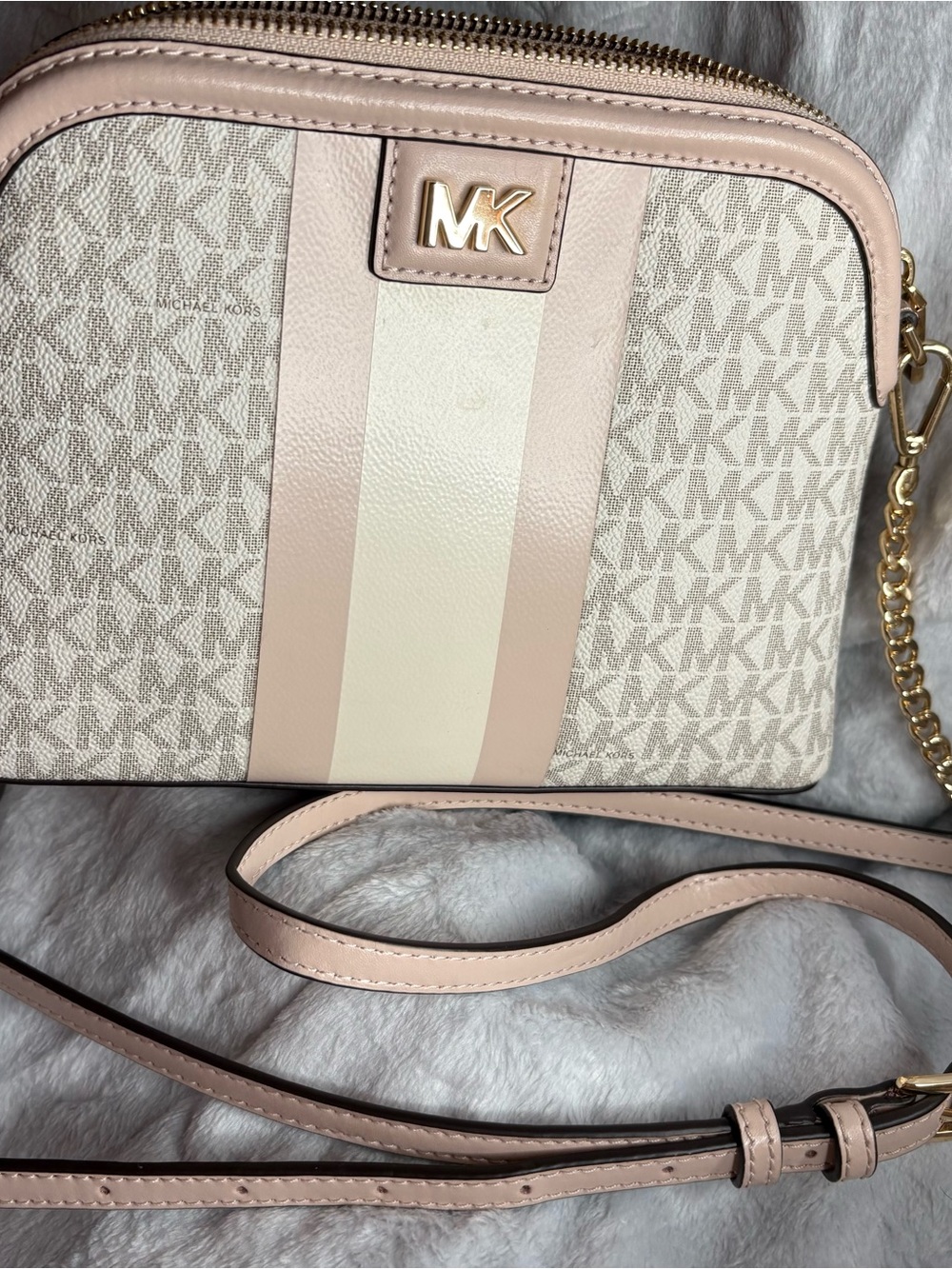 Michael Kors Blush Pink and Cream Signature Crossbody with Gold Hardware